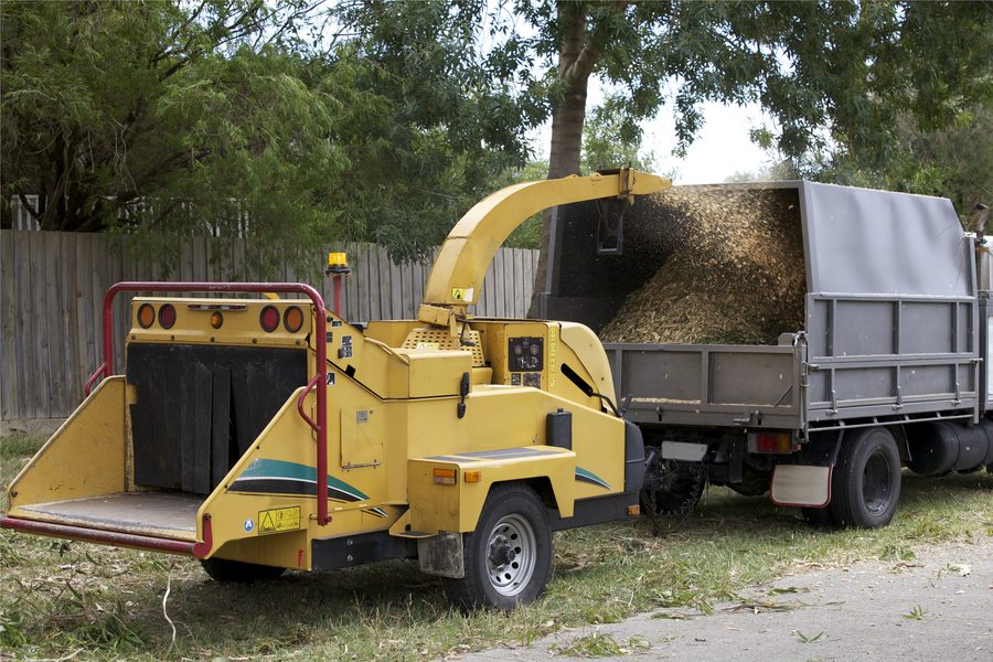 Wood chipper loading chips into a dump truck
