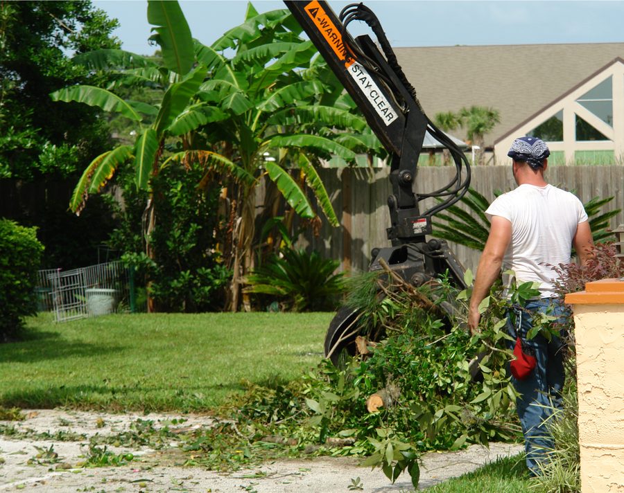 Grapple loader removing tree debris from a yard
